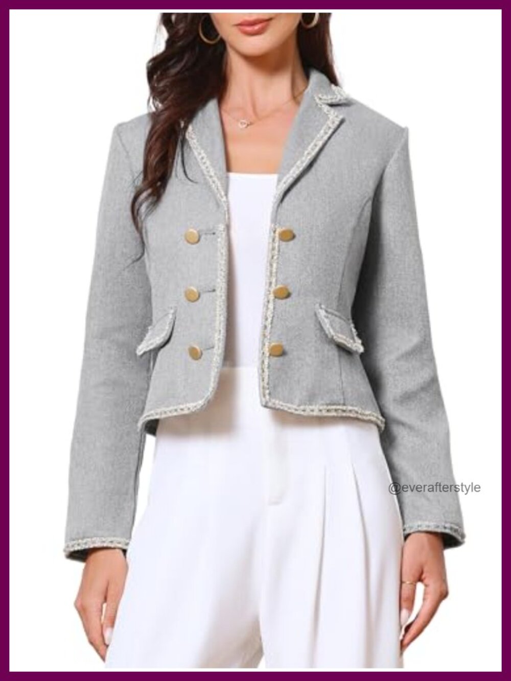 Tweed Cropped Blazer Notched Lapel Button Slim Fit Business Casual